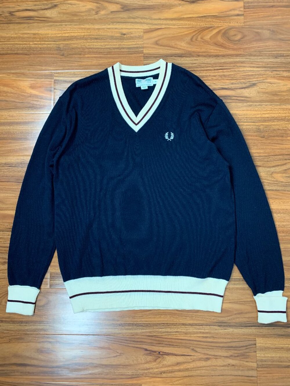 Fred Perry Merino Wool Made in Italy Navy Blue Cricket Sweater Men's 46 Vtg